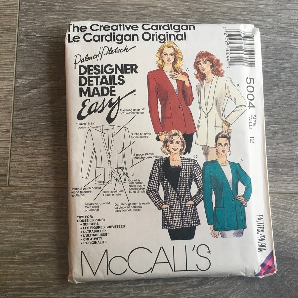 McCalls Sewing Pattern 5004 Palmer Pletsch Designer Lined Cardigan 12 UNCUT